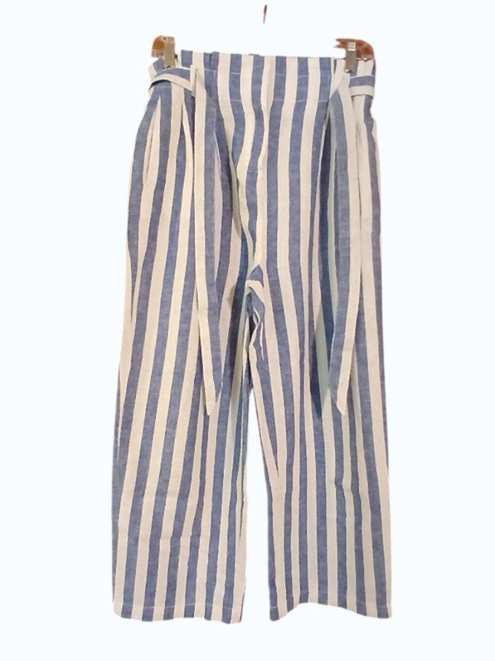 J. CREW Blue & White Linen Stripe Crop Paperbag Waist with Tie Pants - EUC - Picture 10 of 13